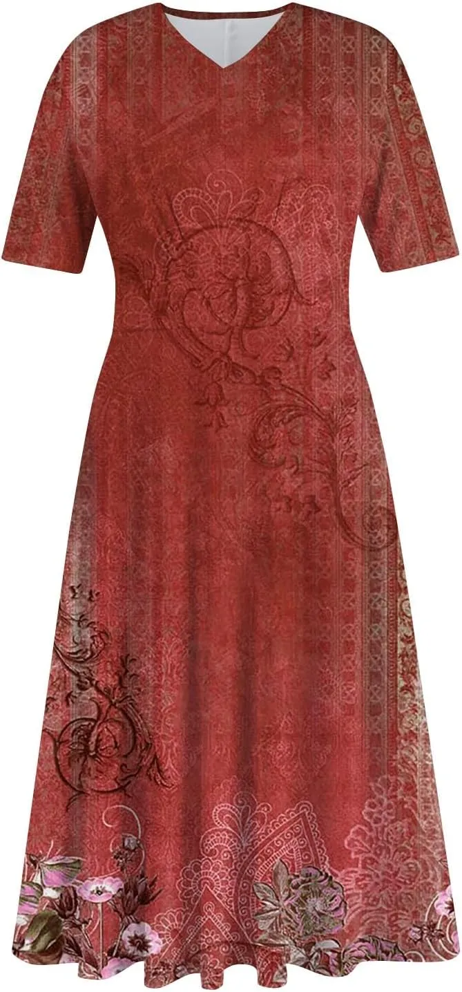 Spring Dresses for Women Short Sleeve Flowy Dresses Plus Size V Neck Casual Dresses Modest Elegant Cocktail Dresses
