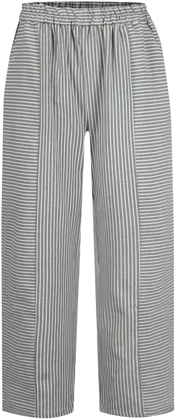 Striped Casual Pants for Women High Waisted Pants Straight Leg Travel Pants Comfy Beach Pants Trousers with Pockets