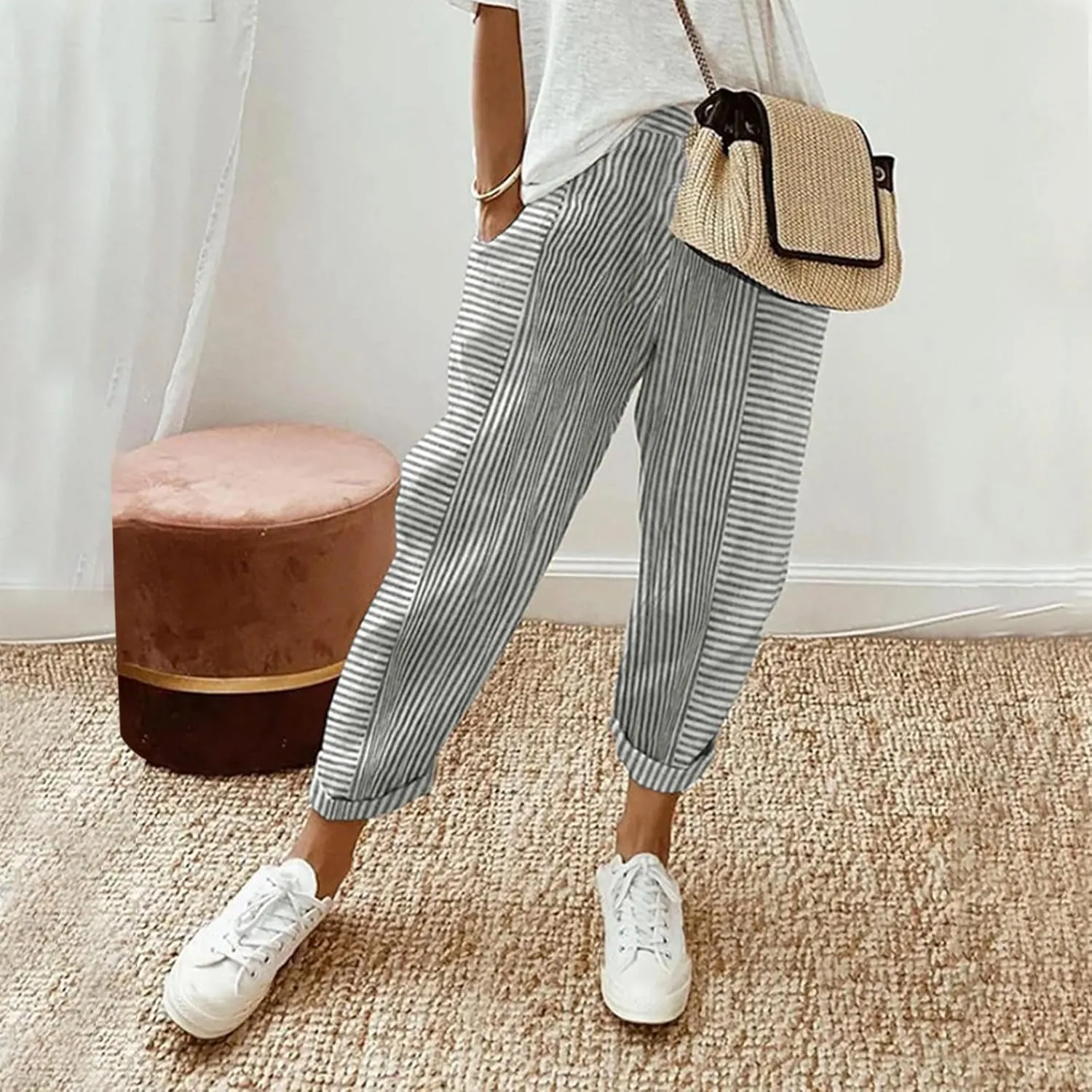 Striped Casual Pants for Women High Waisted Pants Straight Leg Travel Pants Comfy Beach Pants Trousers with Pockets