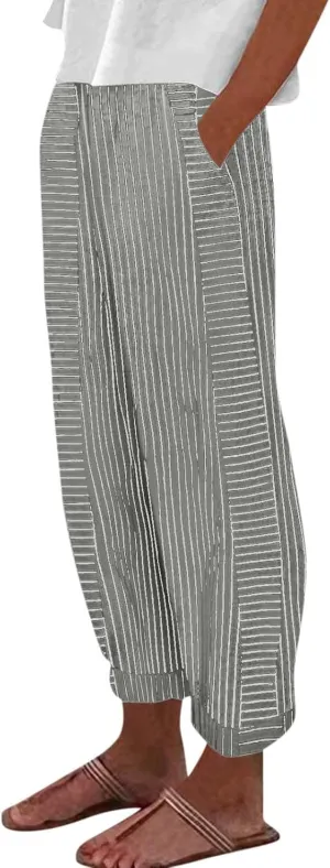 Striped Casual Pants for Women High Waisted Pants Straight Leg Travel Pants Comfy Beach Pants Trousers with Pockets