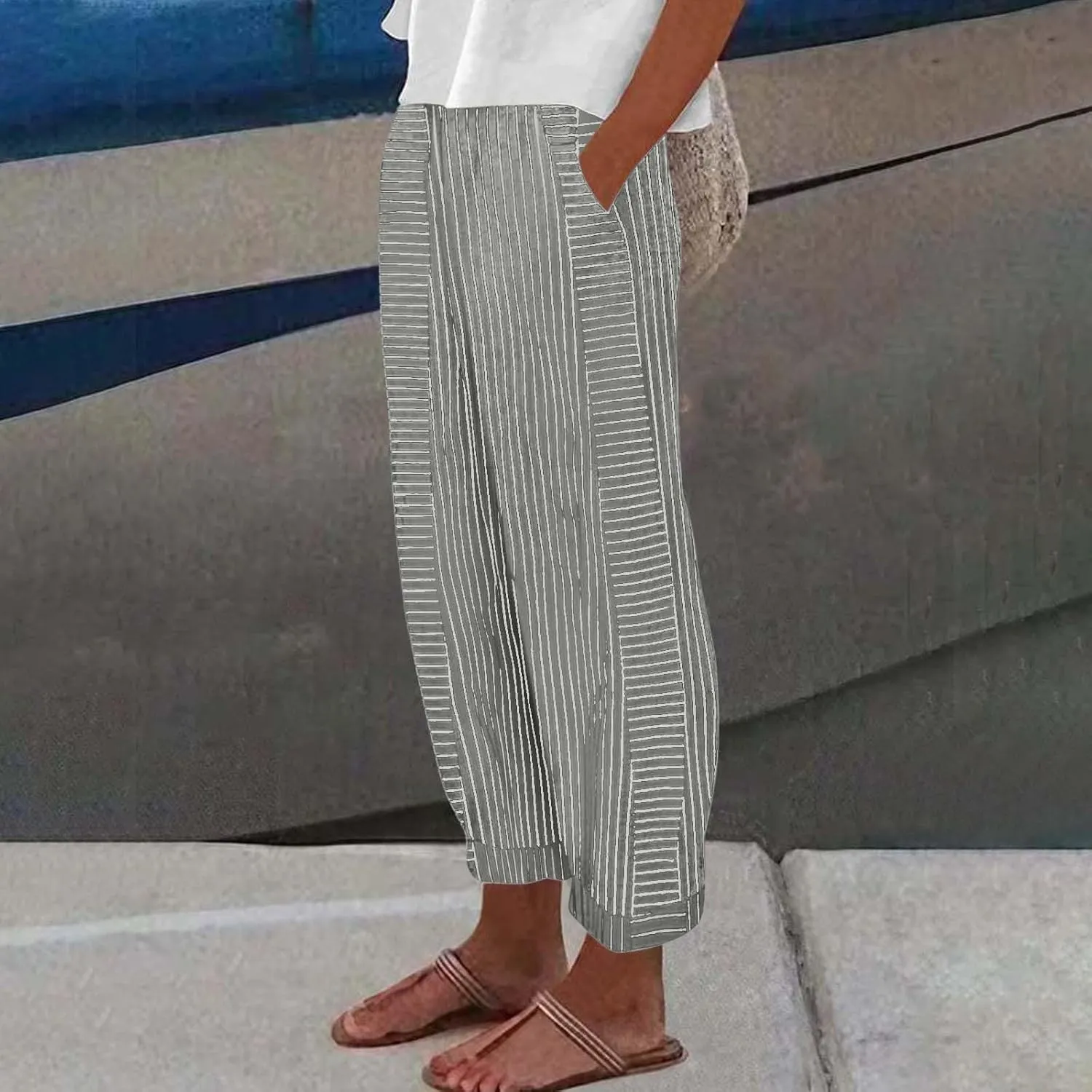Striped Casual Pants for Women High Waisted Pants Straight Leg Travel Pants Comfy Beach Pants Trousers with Pockets
