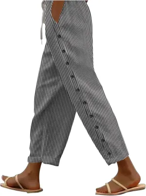 Striped Linen Pants Women Summer Casual Side Button Drawstring Pants Lightweight Boho Beach Pants Comfy Work Pants