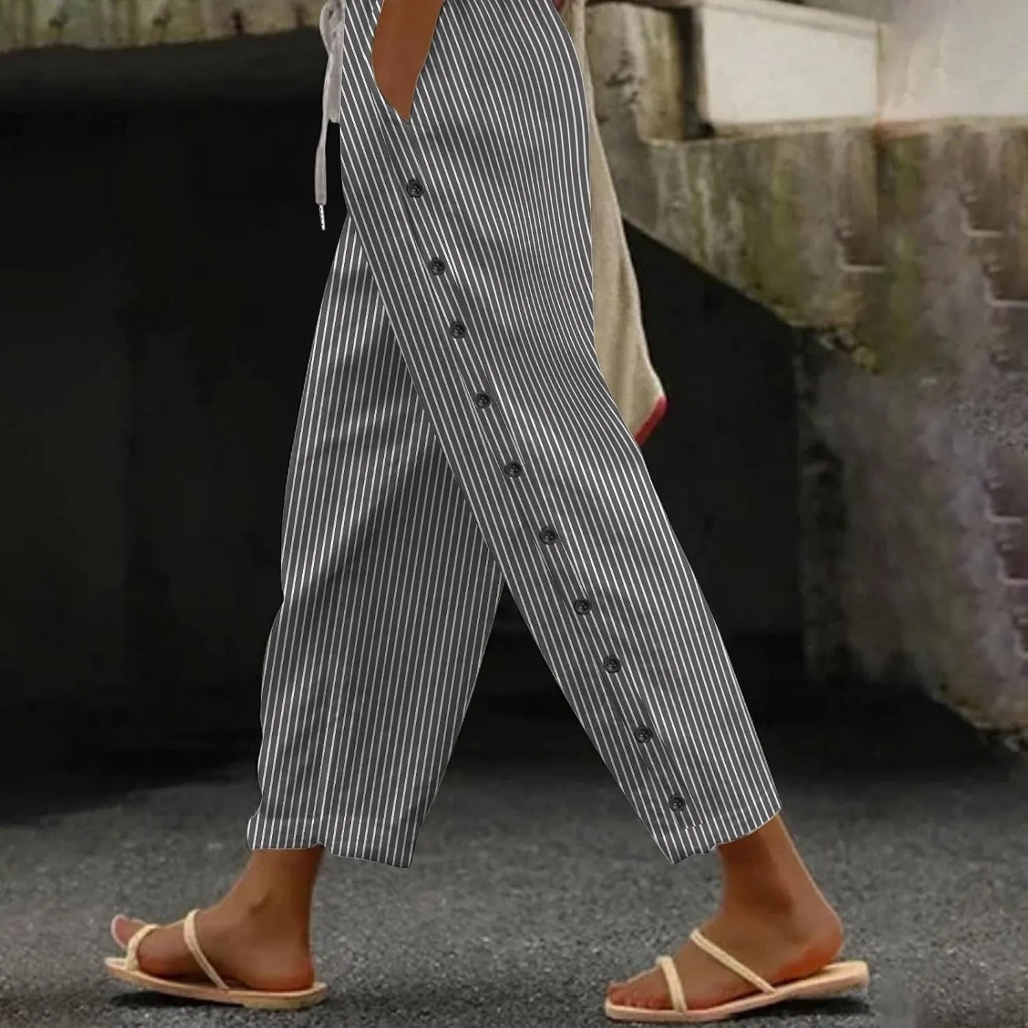 Striped Linen Pants Women Summer Casual Side Button Drawstring Pants Lightweight Boho Beach Pants Comfy Work Pants