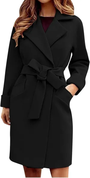 STYESH Womens Wrap Coats with Belt 2023 Fashion Overcoats Notched Lapel Trench Coats Winter Pea Coats Outerwear with Pockets