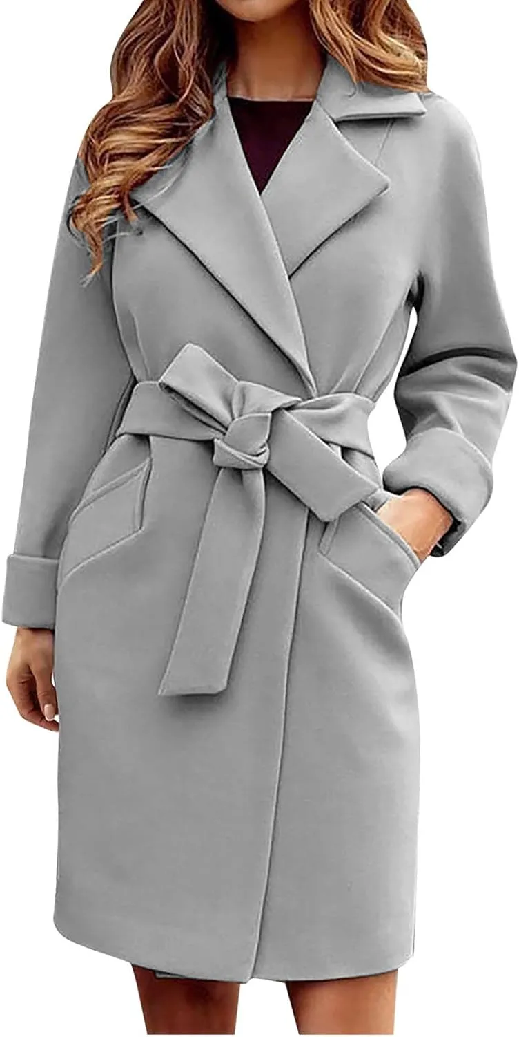 STYESH Womens Wrap Coats with Belt 2023 Fashion Overcoats Notched Lapel Trench Coats Winter Pea Coats Outerwear with Pockets