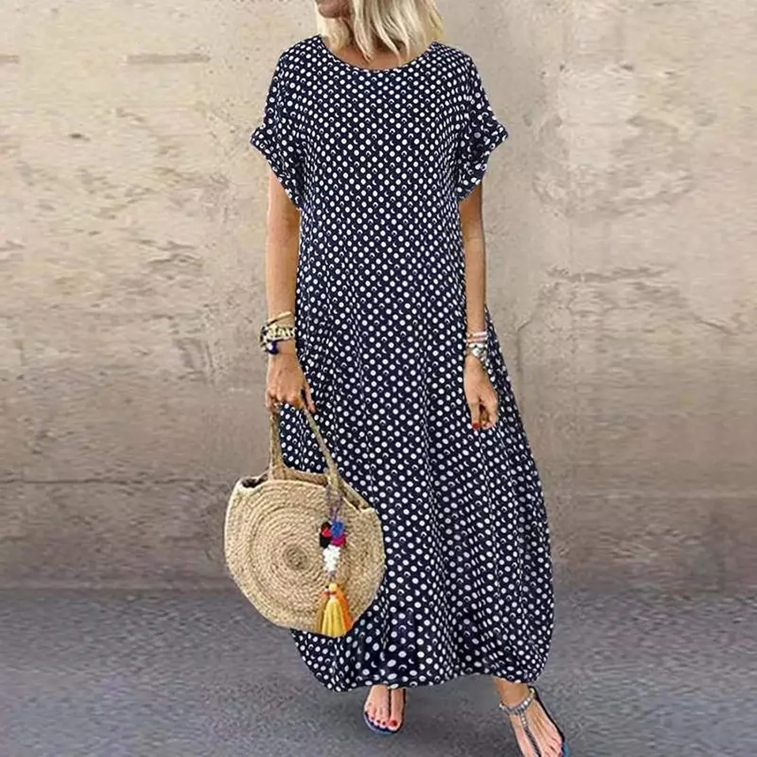 Summer Beach Dress Casual Flowy Boho Maxi V Neck Sleeveless Tiered Ruffle Dress with Pockets Elastic Waist Sundress