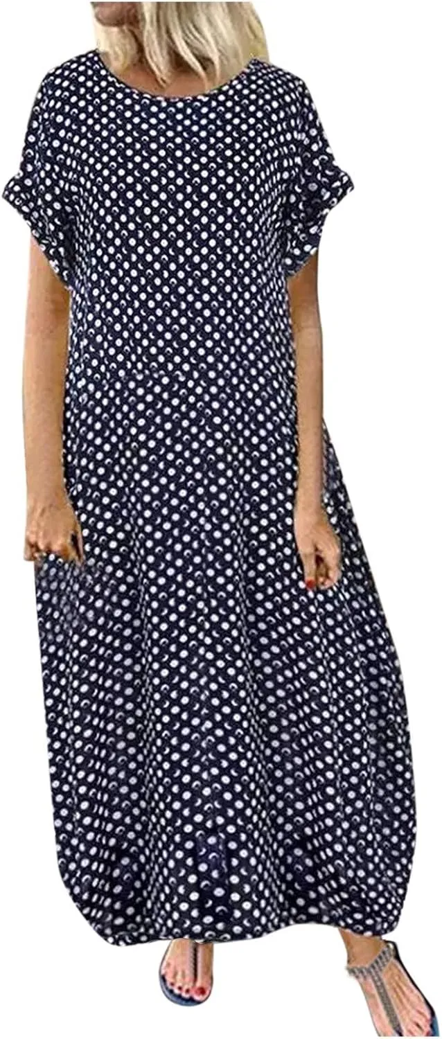 Summer Beach Dress Casual Flowy Boho Maxi V Neck Sleeveless Tiered Ruffle Dress with Pockets Elastic Waist Sundress