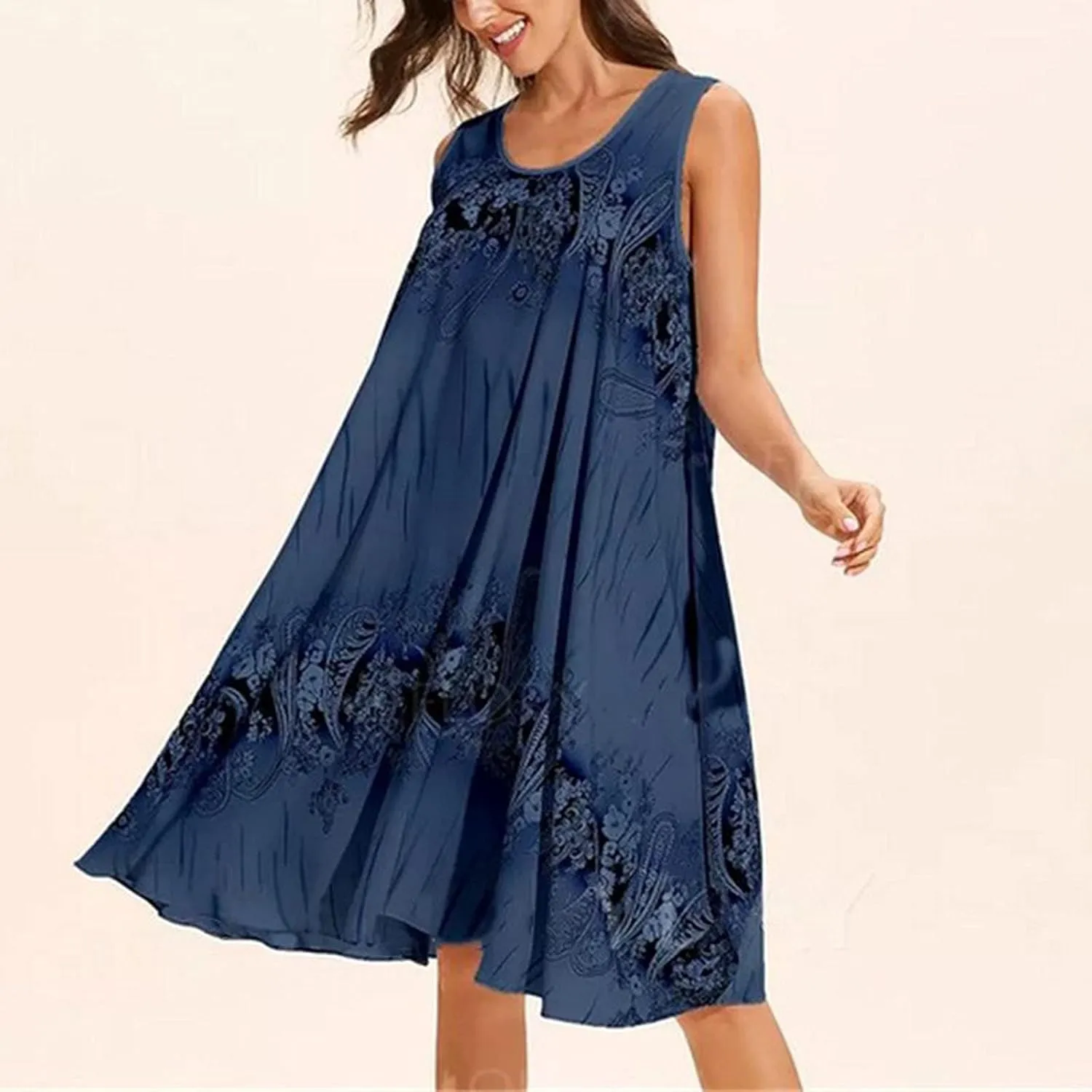 Summer Dresses for Women 2024 Loose Fit Crewneck Floral Sun Dresses Casual Sleeveless Swing Dresses