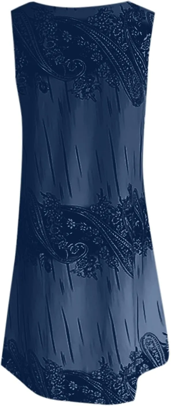 Summer Dresses for Women 2024 Loose Fit Crewneck Floral Sun Dresses Casual Sleeveless Swing Dresses