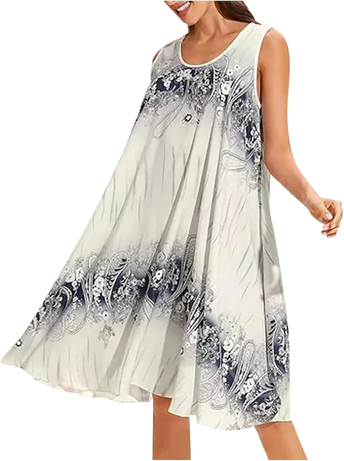 Summer Dresses for Women 2024 Loose Fit Crewneck Floral Sun Dresses Casual Sleeveless Swing Dresses