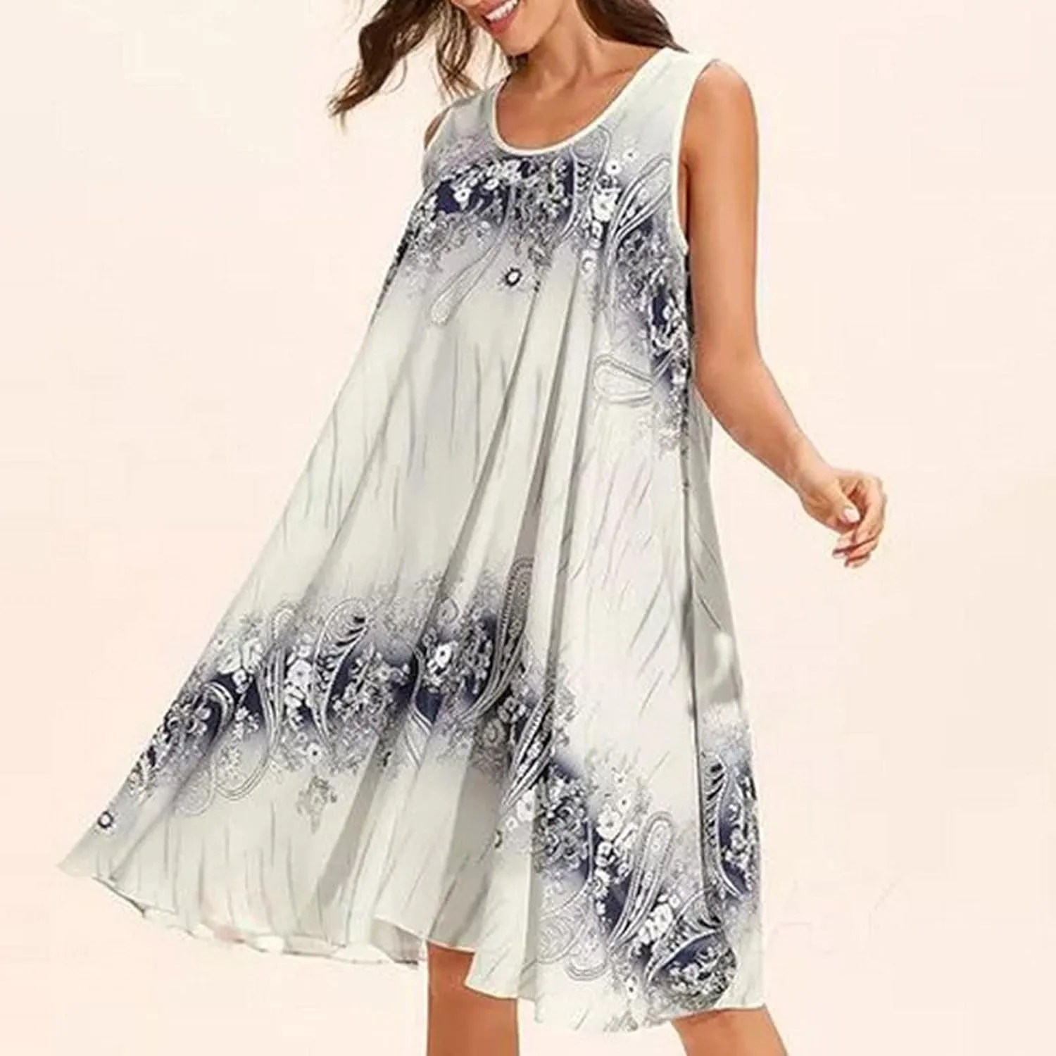 Summer Dresses for Women 2024 Loose Fit Crewneck Floral Sun Dresses Casual Sleeveless Swing Dresses