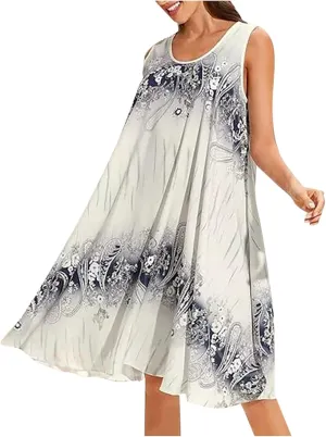 Summer Dresses for Women 2024 Loose Fit Crewneck Floral Sun Dresses Casual Sleeveless Swing Dresses