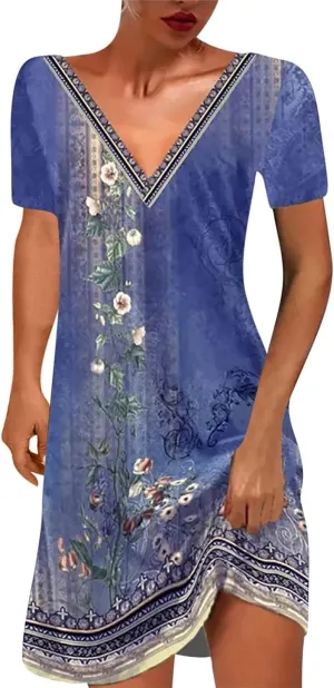 Summer Dresses for Women 2025 Beach Loose Vacation Sun Dress Boho Short Sleeve Dress Casual Floral Print Sundresses