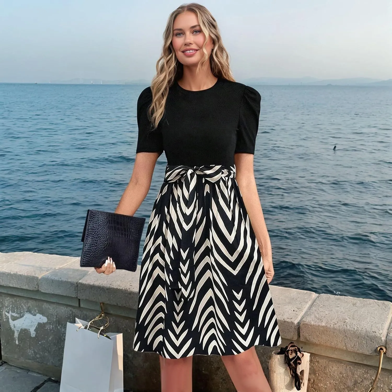 Summer Dresses for Women 2025 Floral Print Wrap Short Sleeve Maxi Dress Patchwork Ruffle Hem A Line Dress