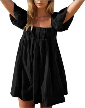 Summer Dresses for Women 2025 Square Neck Puff Sleeve Pleated Mini Dress Open Back Lace Up Sundresses Vacation Outfit