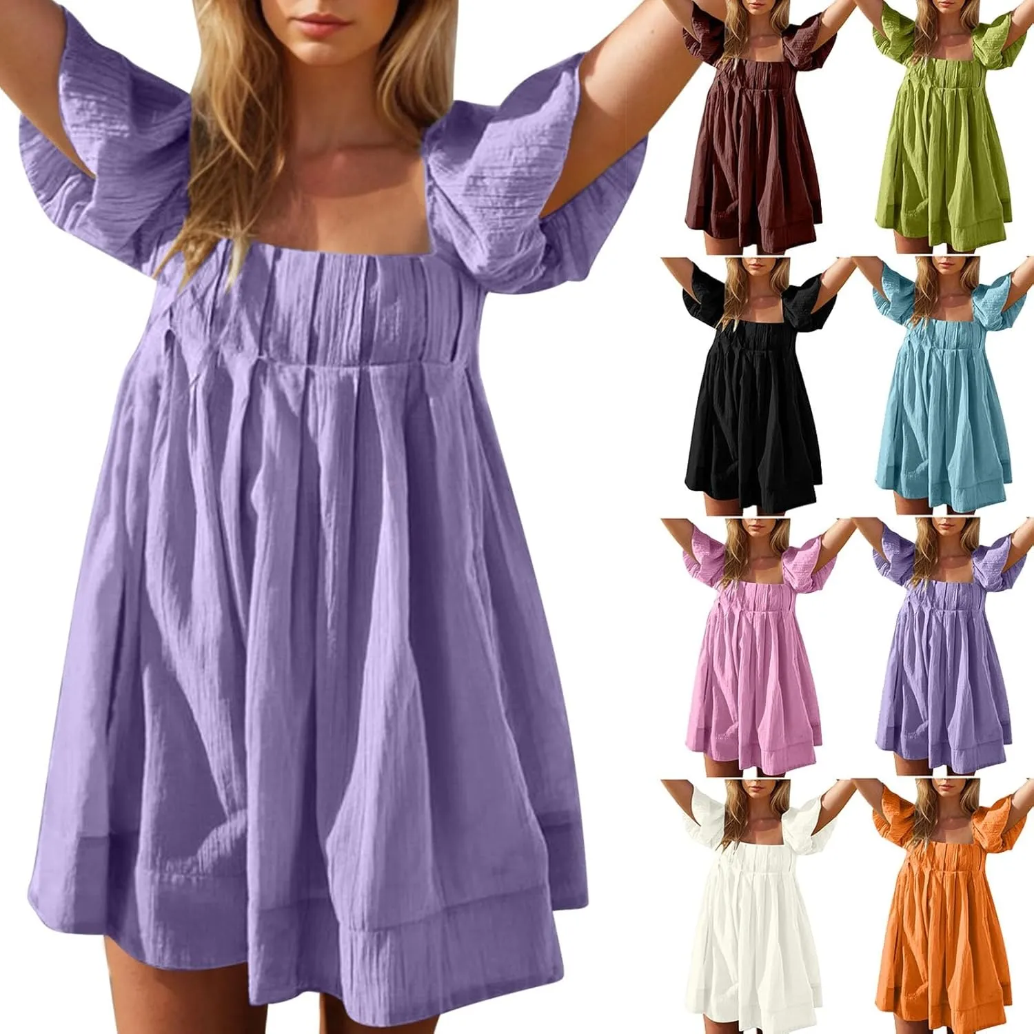 Summer Dresses for Women 2025 Square Neck Puff Sleeve Pleated Mini Dress Open Back Lace Up Sundresses Vacation Outfit