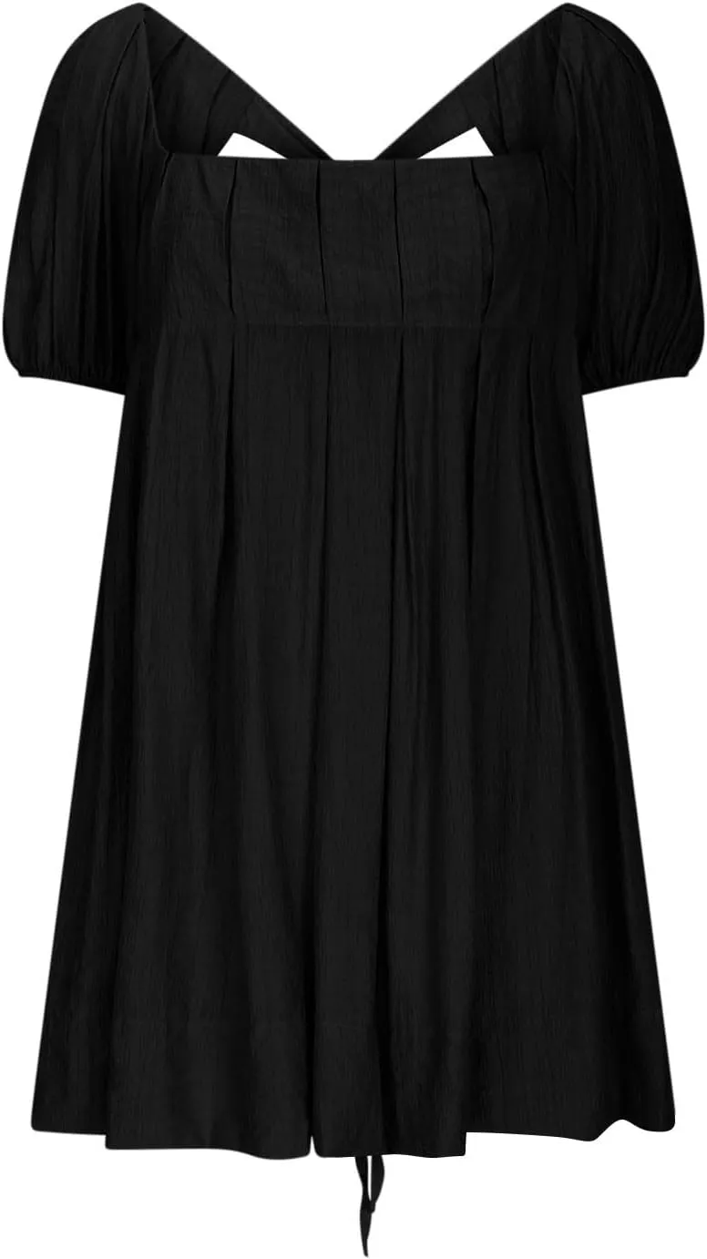 Summer Dresses for Women 2025 Square Neck Puff Sleeve Pleated Mini Dress Open Back Lace Up Sundresses Vacation Outfit