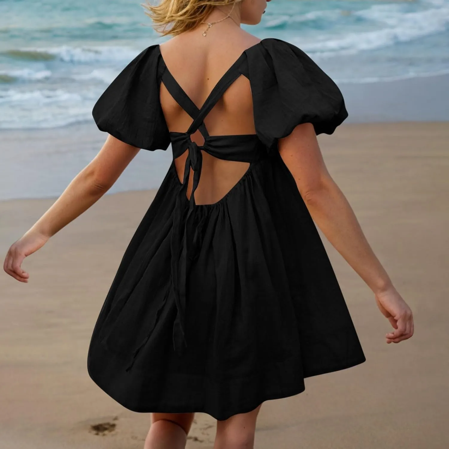 Summer Dresses for Women 2025 Square Neck Puff Sleeve Pleated Mini Dress Open Back Lace Up Sundresses Vacation Outfit