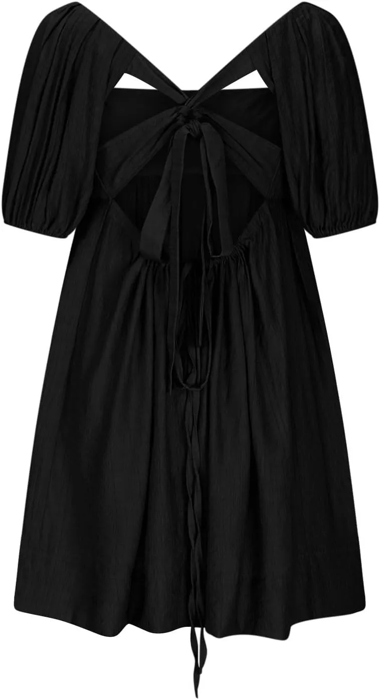Summer Dresses for Women 2025 Square Neck Puff Sleeve Pleated Mini Dress Open Back Lace Up Sundresses Vacation Outfit