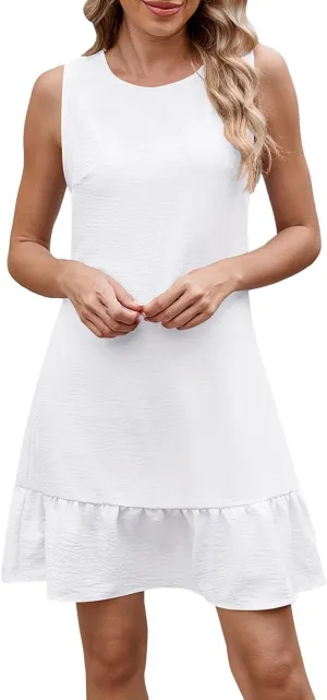 Summer Dresses for Women Sleeveless Crew Neck Sundresses Casual Beach Mini Dress Loose Fit Ruffle Hem Sun Dress