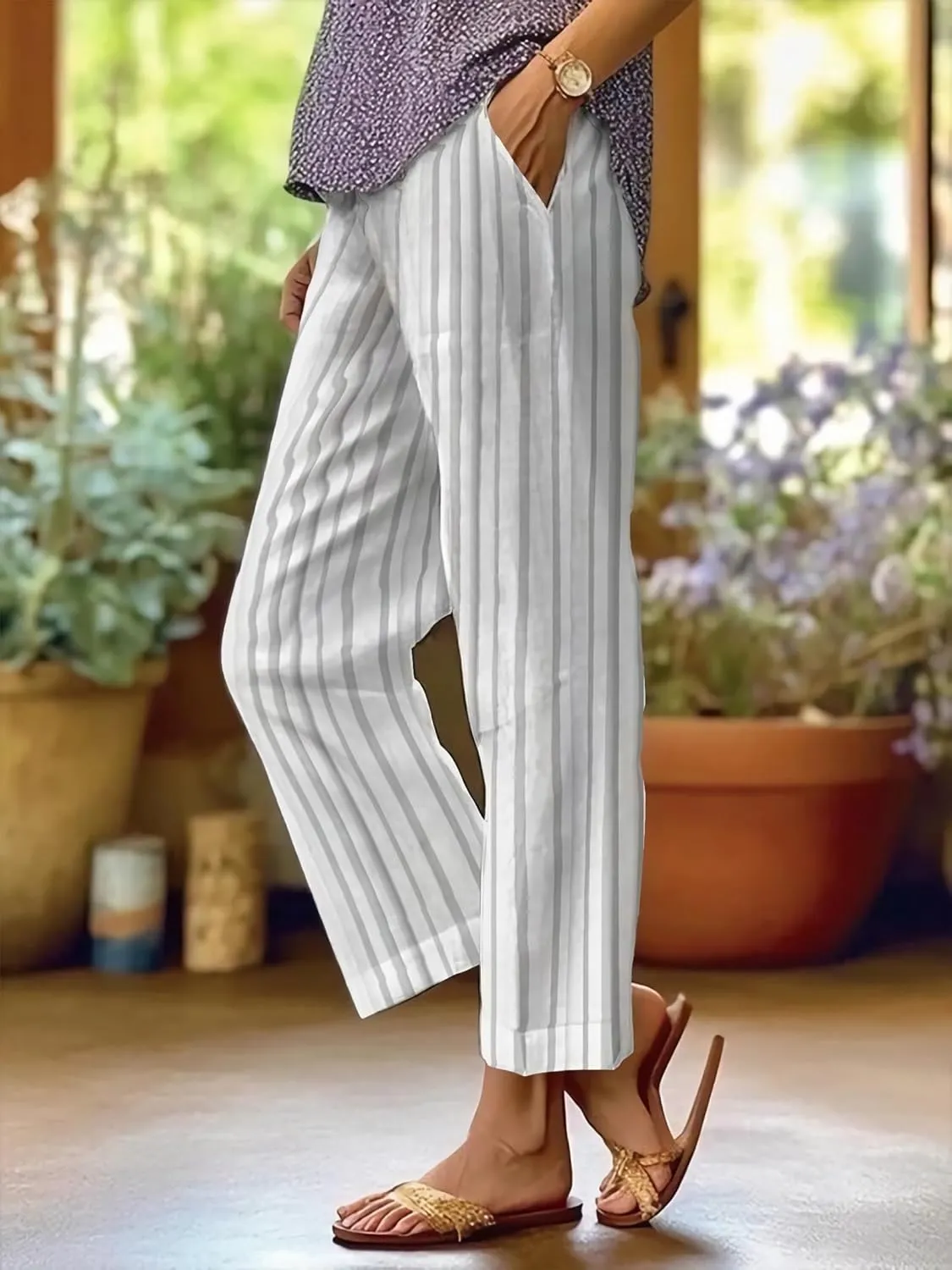 Summer Linen Pants for Women Casual Wide Leg Pants Plus Size Palazzo Pants Drawstring Elastic Waist Boho Pants