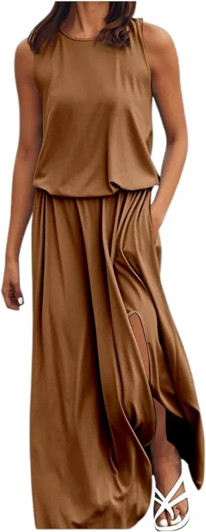 Summer Maxi Dresses for Women 2025 Tiered Sleeveless High Waist Slit Flowy Long Dress Casual Beach Sundress