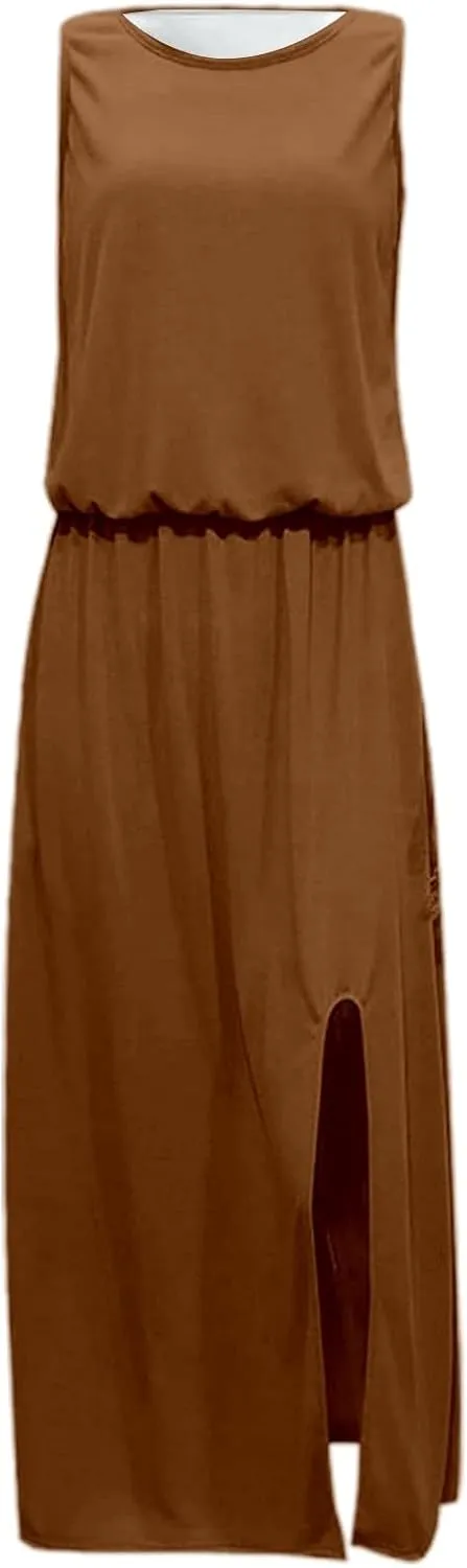 Summer Maxi Dresses for Women 2025 Tiered Sleeveless High Waist Slit Flowy Long Dress Casual Beach Sundress