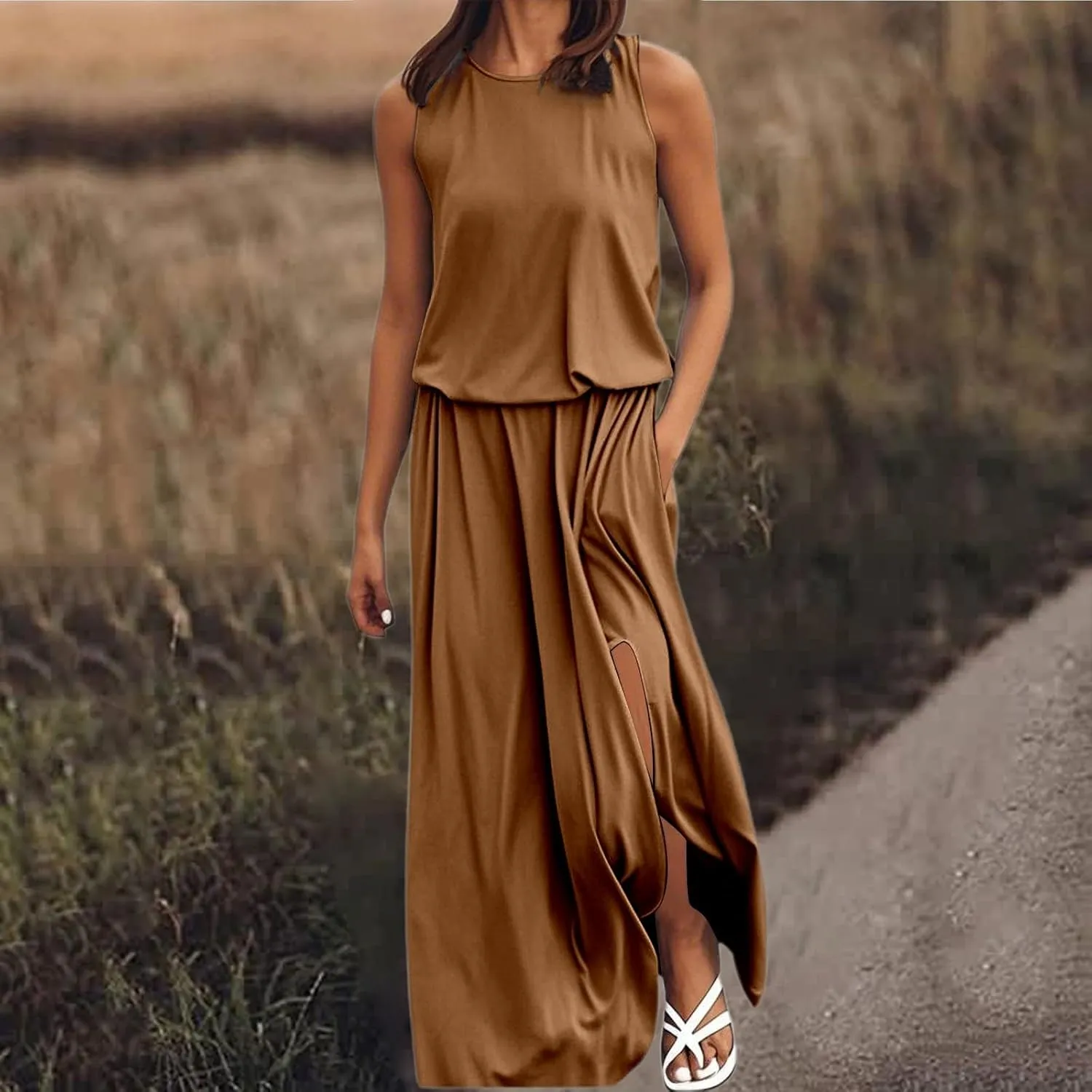 Summer Maxi Dresses for Women 2025 Tiered Sleeveless High Waist Slit Flowy Long Dress Casual Beach Sundress