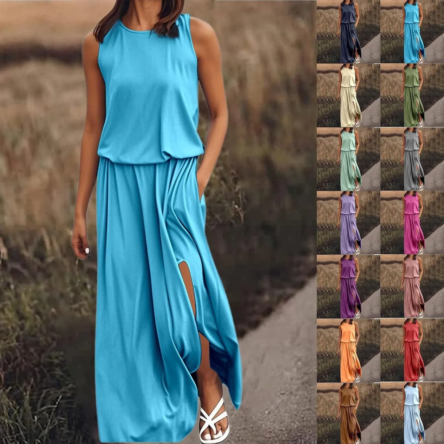 Summer Maxi Dresses for Women 2025 Tiered Sleeveless High Waist Slit Flowy Long Dress Casual Beach Sundress