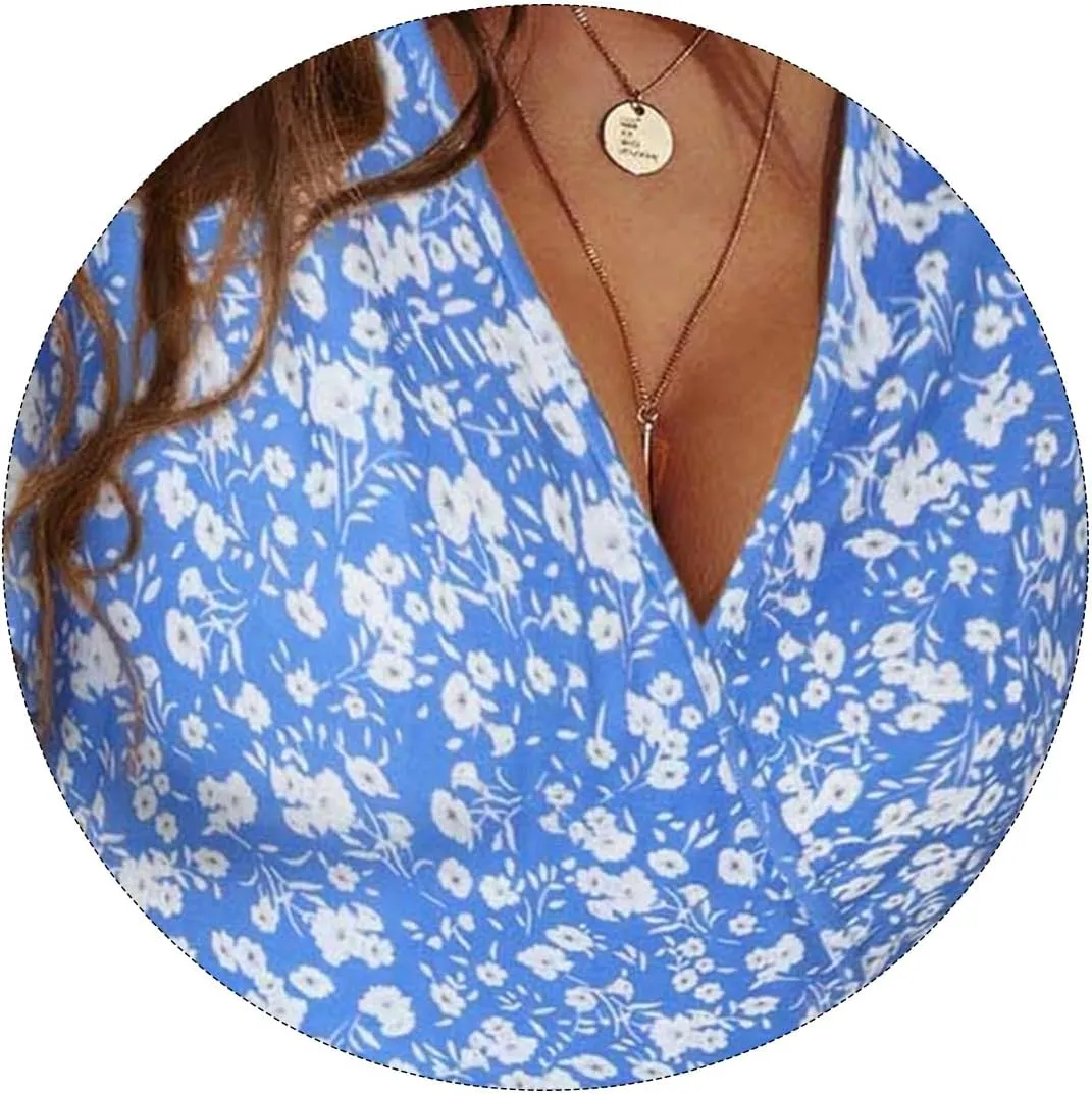 Summer Mini Dresses for Women V Neck Polka Dot Print Dress Ruffle Short Sleeve Floral Dresses Beach Vacation Clothes