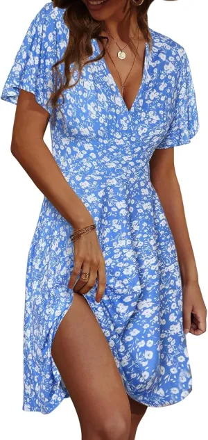 Summer Mini Dresses for Women V Neck Polka Dot Print Dress Ruffle Short Sleeve Floral Dresses Beach Vacation Clothes