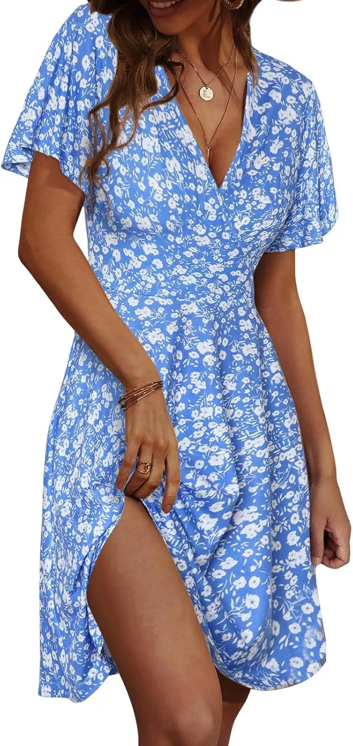 Summer Mini Dresses for Women V Neck Polka Dot Print Dress Ruffle Short Sleeve Floral Dresses Beach Vacation Clothes