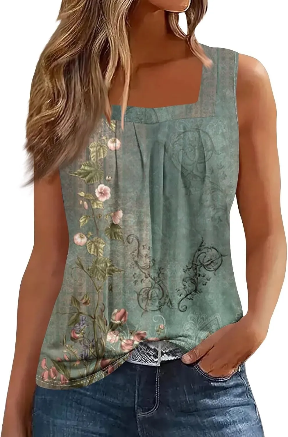 Summer Tank Tops for Women Pleated Square Neck Sleeveless Shirts Casual Printed Loose Fit Trendy Blouses