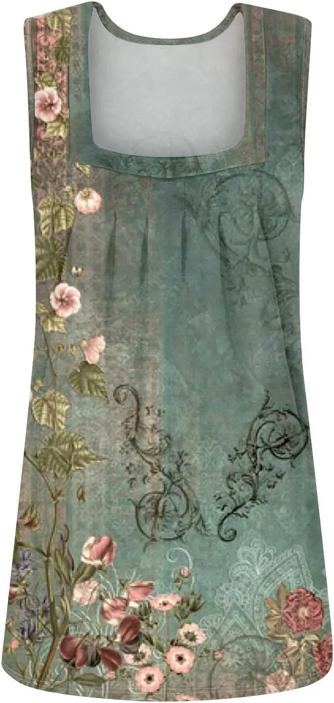 Summer Tank Tops for Women Pleated Square Neck Sleeveless Shirts Casual Printed Loose Fit Trendy Blouses