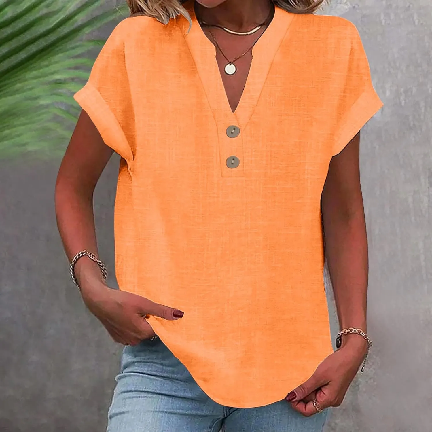 Summer Tops for Women 2025 Casual Short Sleeve V-Neck Cotton Linen Shirts Gauze Blouses Trendy Button Down T-Shirts