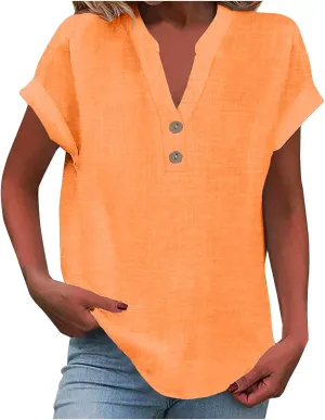 Summer Tops for Women 2025 Casual Short Sleeve V-Neck Cotton Linen Shirts Gauze Blouses Trendy Button Down T-Shirts