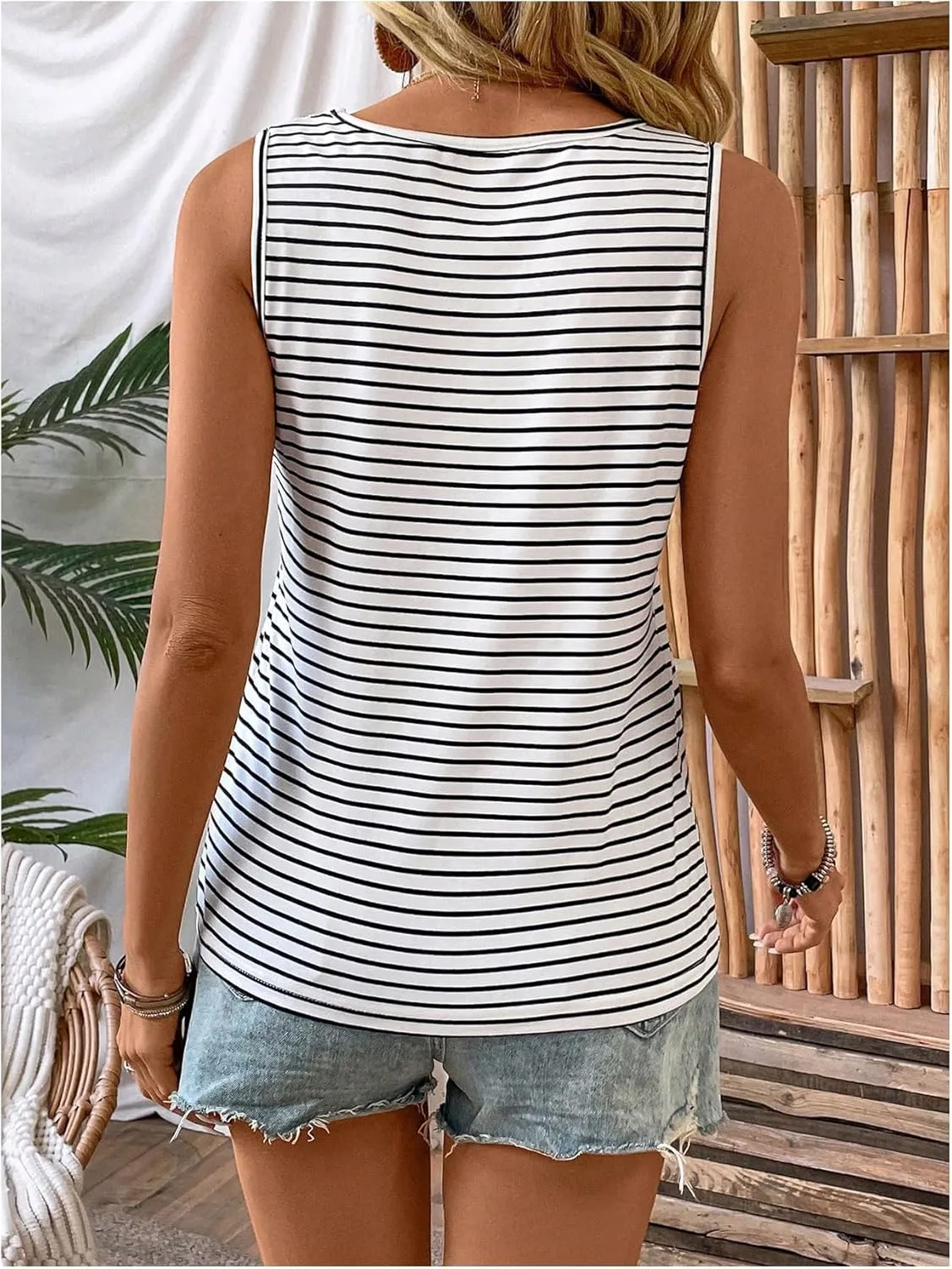 SweatyRocks Women's Striped Tank Tops Lace Button Front Scoop Neck Sleeveless Shirt Tops