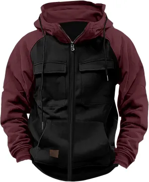 Tactical Hoodies for Men Fall Winter Vintage Hoodie Drawstring Hooded Sweatshirt Zip Up Coat Jacket with Pockets