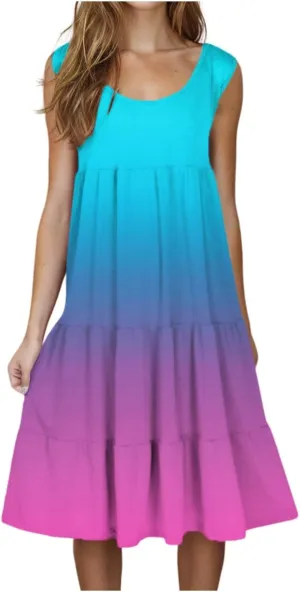 Tank Dress for Women 2025 Summer Boho Gradient Beach Vacation Sundress Sleeveless Pleated Ladies Tropical Dresses