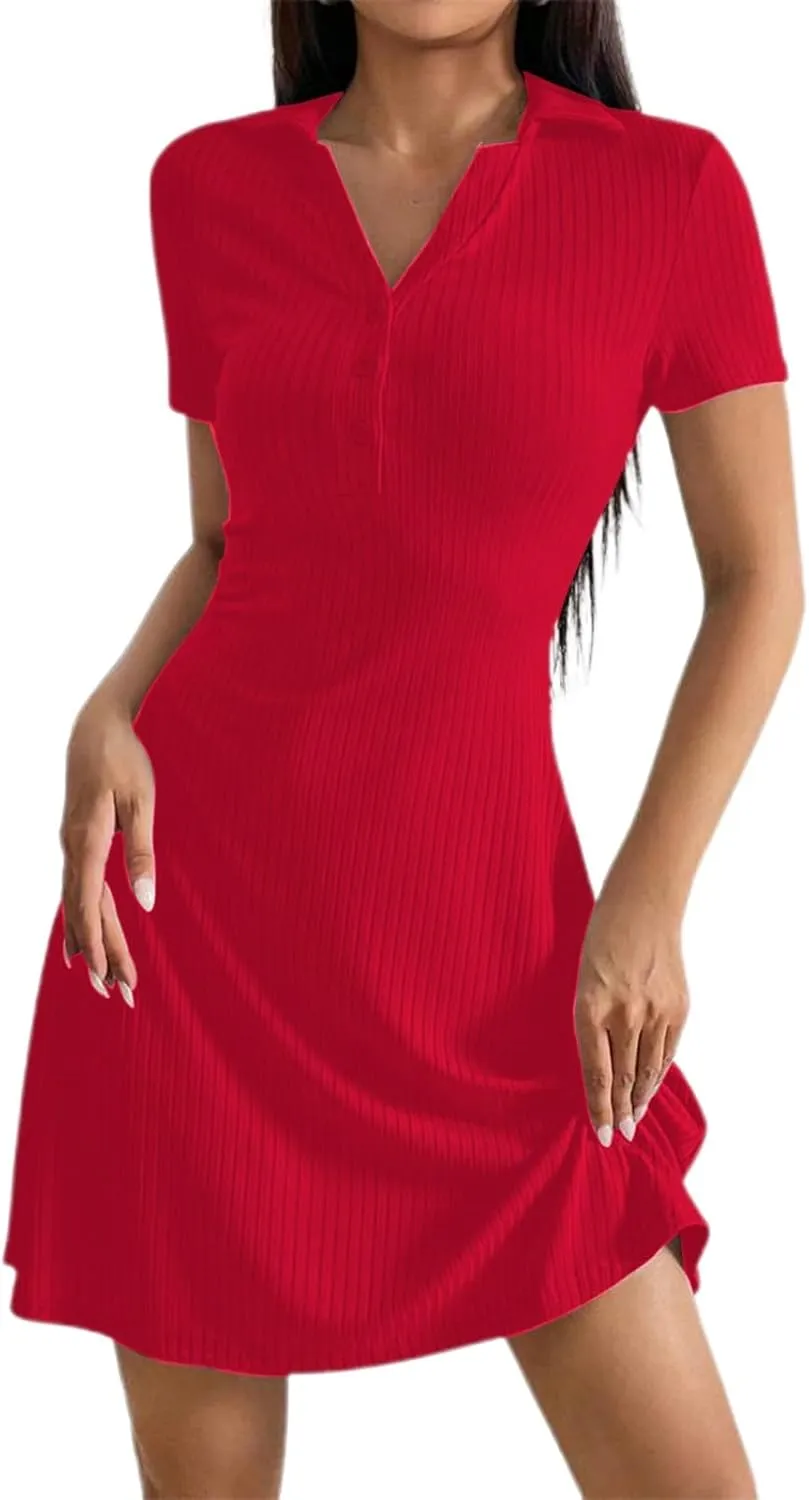 Tank Dresses Women Summer Ribbed Front Button Lapel Neck Tie Waist Mini Dress Boho A Line Swing Flowy Beach Sundress