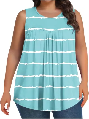 Tank Top for Women's Plus Size Floral Printed Sleeveless Tops Loose Fit Casual Pleated Crewneck Blouses Trendy Tshirts