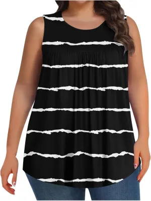 Tank Top for Women's Plus Size Floral Printed Sleeveless Tops Loose Fit Casual Pleated Crewneck Blouses Trendy Tshirts