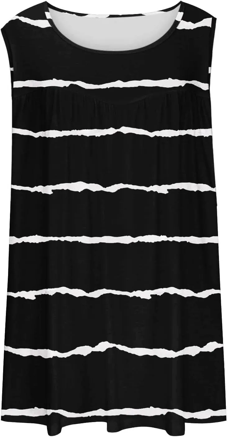 Tank Top for Women's Plus Size Floral Printed Sleeveless Tops Loose Fit Casual Pleated Crewneck Blouses Trendy Tshirts
