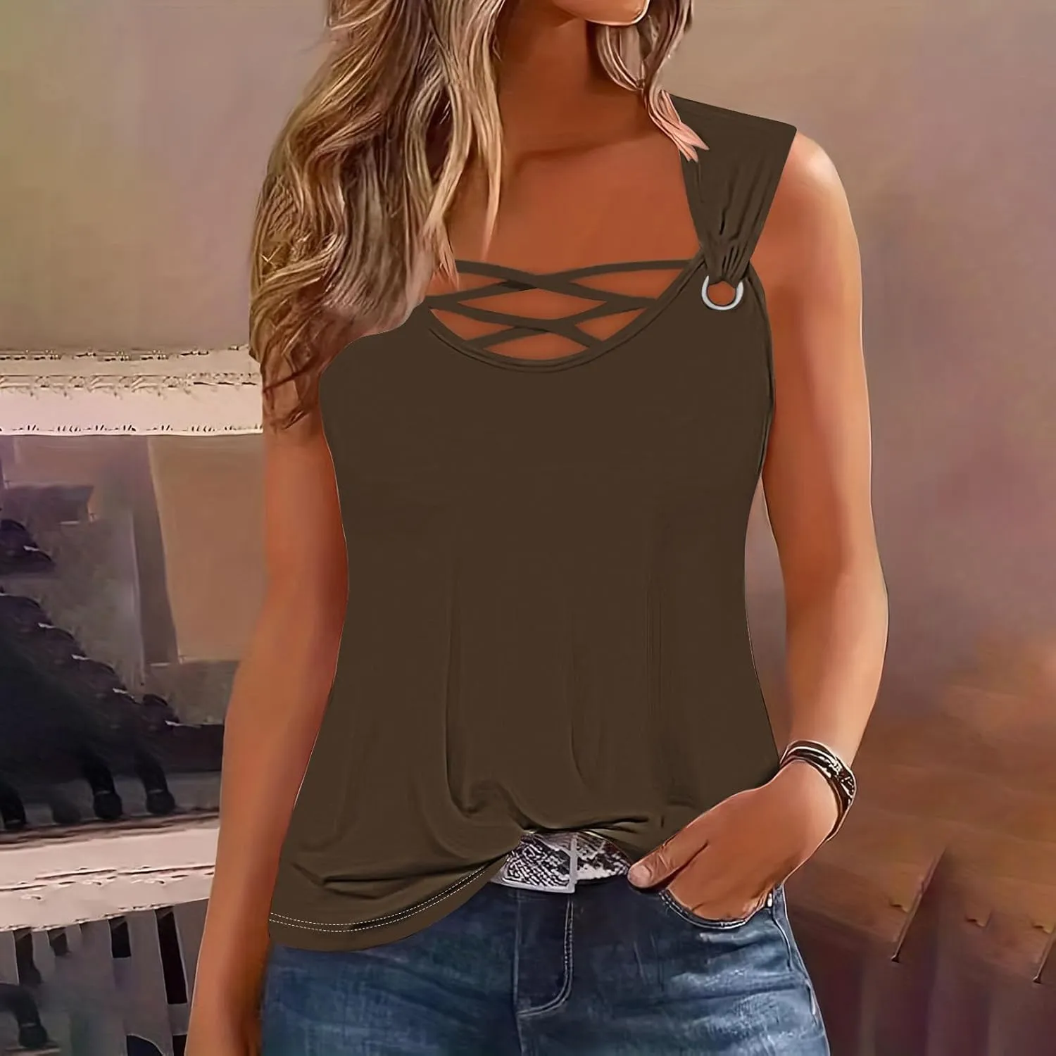Tank Tops for Women 2025 Trendy Summer Sleeveless Tshirt Casual Vacation Solid Blouse Plus Size Loose Tees