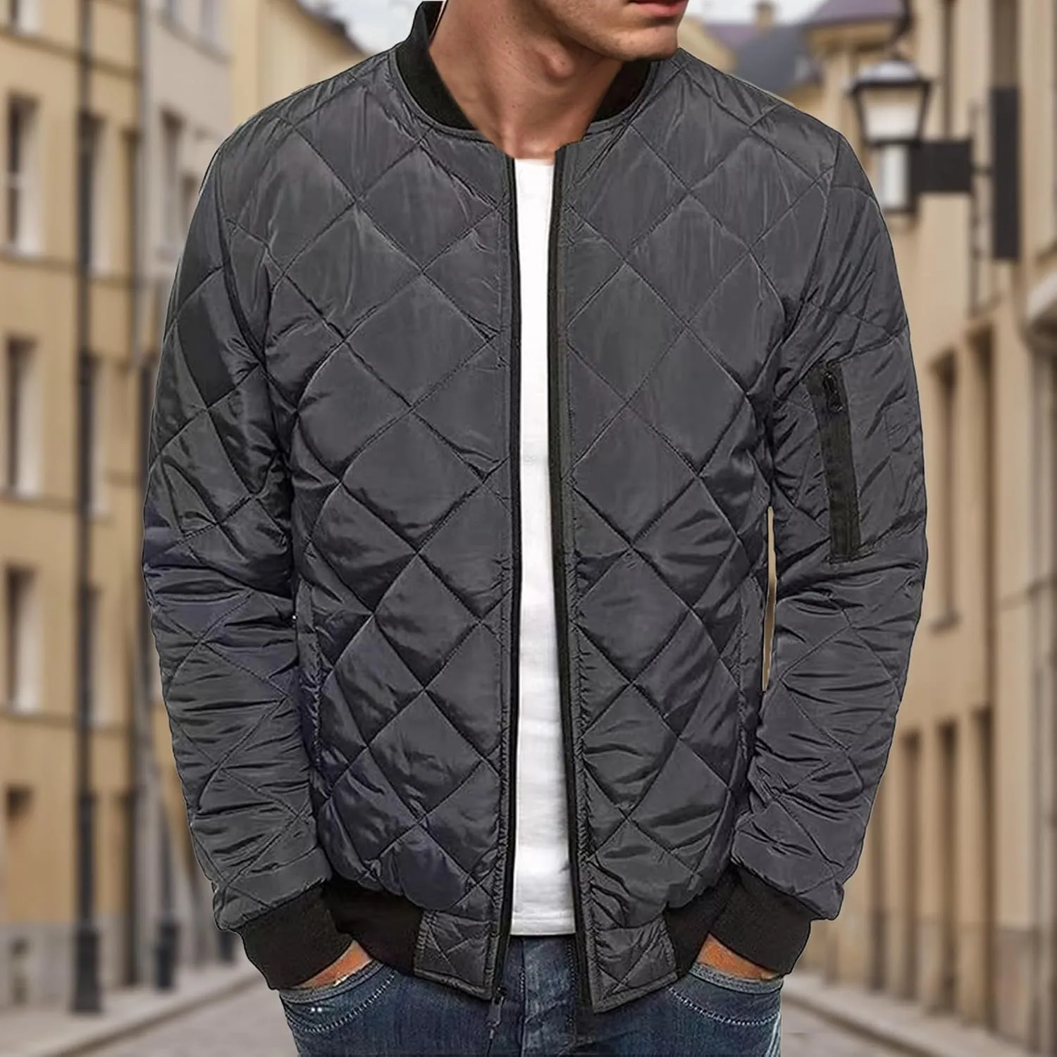 Thatrich Mens Bomber Jacket Lightweight Diamond Quilted Jacket Zip Up Puffer Coat Cropped Winter Jackets Long Sleeve Outwear