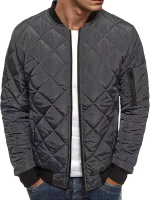 Thatrich Mens Bomber Jacket Lightweight Diamond Quilted Jacket Zip Up Puffer Coat Cropped Winter Jackets Long Sleeve Outwear