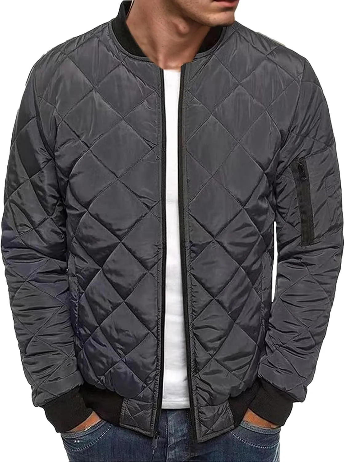 Thatrich Mens Bomber Jacket Lightweight Diamond Quilted Jacket Zip Up Puffer Coat Cropped Winter Jackets Long Sleeve Outwear