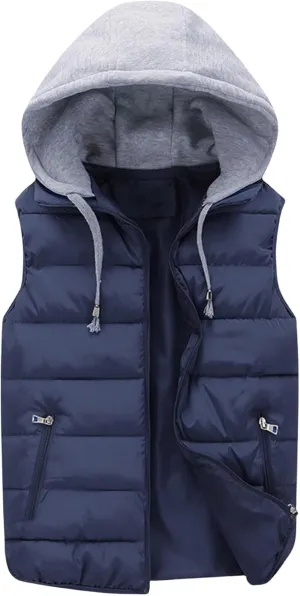 Thatrich Mens Hoodie Puffer Vest Sleeveless Lightweight Quilted Jackets Zip Up Winter Vests Casual Cozy Jacket Removable Hood