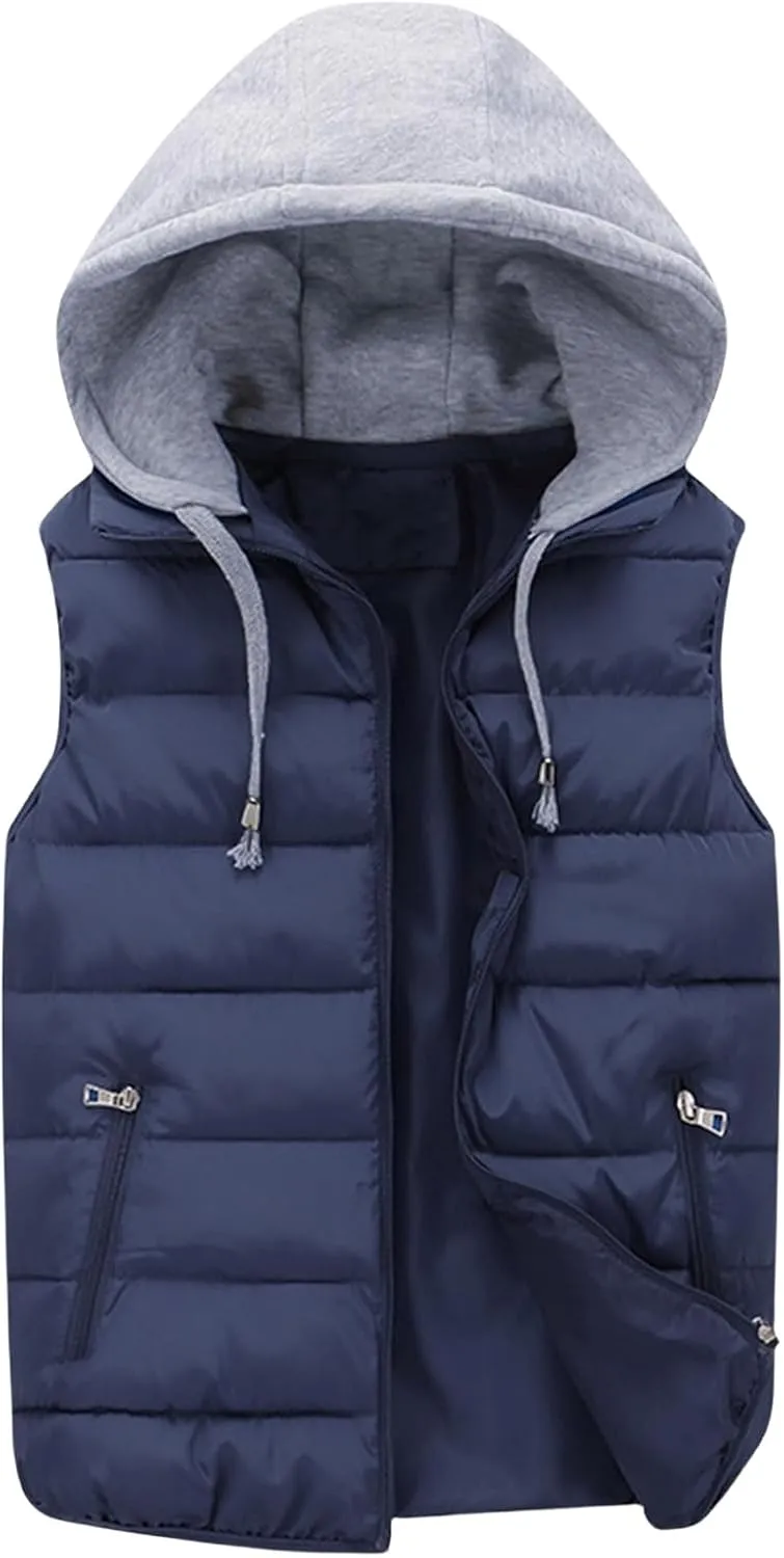 Thatrich Mens Hoodie Puffer Vest Sleeveless Lightweight Quilted Jackets Zip Up Winter Vests Casual Cozy Jacket Removable Hood
