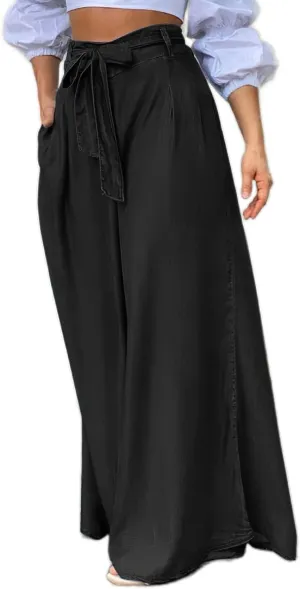 TIAFORD Women's Tie Knot High Waist Wide Leg Jean Trousers Lace-Up Palazzo Trousers Flowy Wide Leg Pants with Pockets